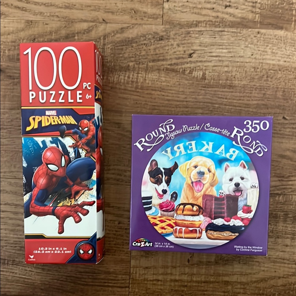 NIB Bundle 2 Puzzles Marvel Spider-Man and Round Dog Puzzle 100&350 Pieces